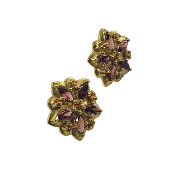 Paul Morelli 18 Karat Yellow Gold Garnet Citrine Flower Earrings #11231 - Picture 4 of 8